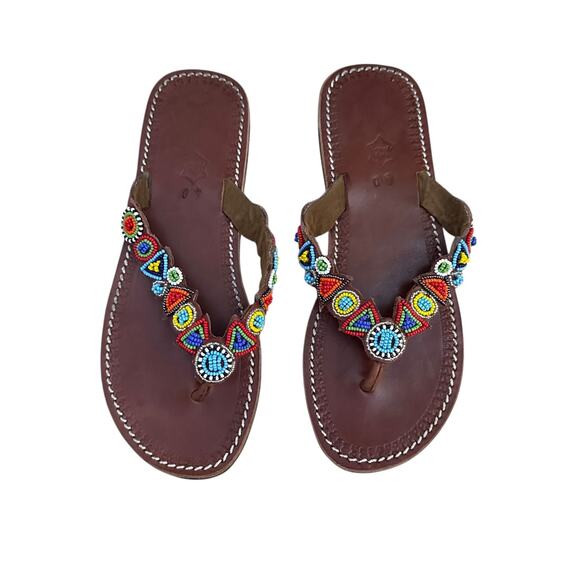 Handmade Beaded Leather Sandals Boho Size 9 Flip Flops Genuine Vera Pelle EU 40 - Picture 1 of 9
